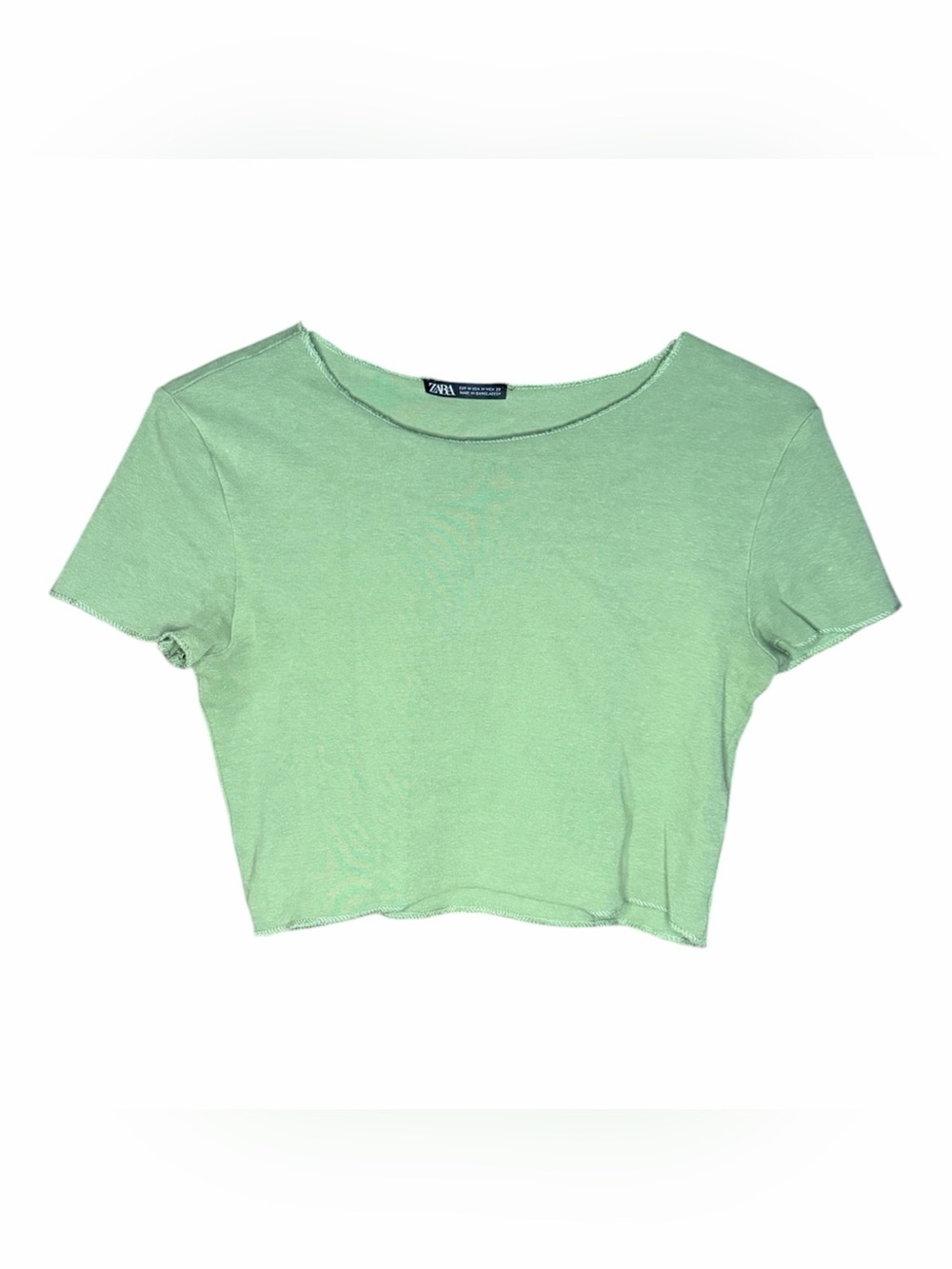 Zara Green Ribbed Raw Hem Cropped Baby Tee Size M